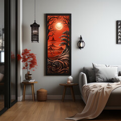  A living room with a Halloween painting on the wall 