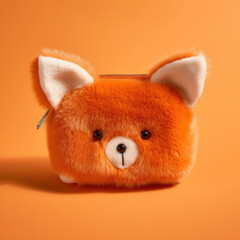 A furry pencil case with ears on an orange 
