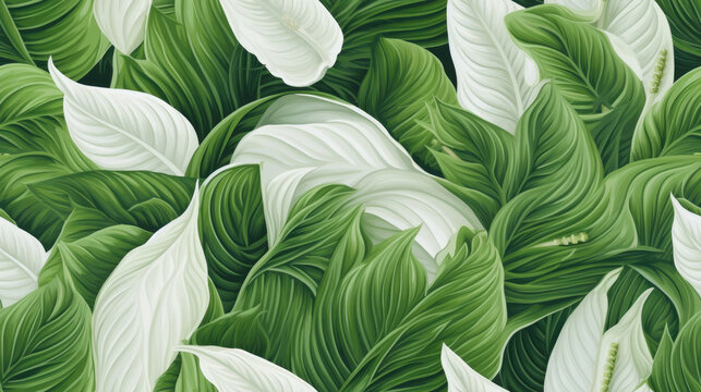 Spathiphyllum cannifolium concept, green abstract texture with white frame, natural background, tropical leaves