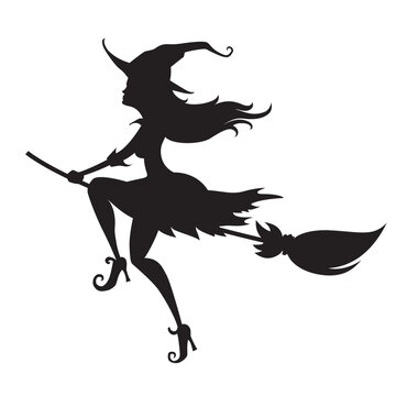 Silhouette of a young witch on a white background