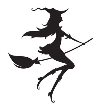 Silhouette of a young witch on a white background