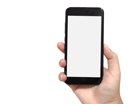 Mock up image of hand holding black smartphone with blank white screen on white background. Concept for display your design.