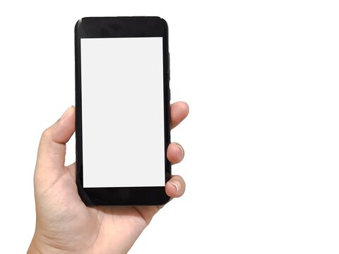 Mock up image of hand holding black smartphone with blank white screen on white background. Concept for display your design.