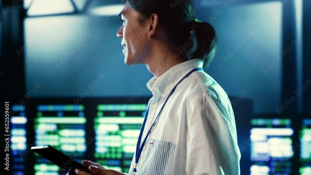 Poster seasoned employee walking through data center machines providing processing resources for different 