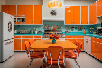 Immerse in a Vibrant and Chic 1960s Mod Style Kitchen Interior, Stepping into the Groovy Past with Retro Wallpaper, Iconic Accessories, and Colorful Retro Appliances.