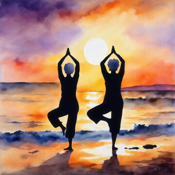 Doing yoga at the beach at sunset abstract art