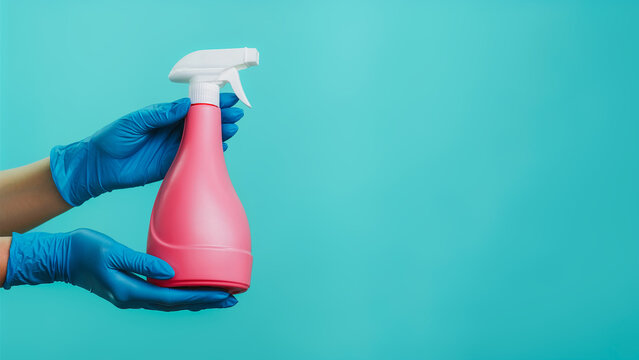 Disinfectant spray. Effective cleaning. Houseworker hands in protective latex gloves demonstrating pink bottle isolated on green background empty space.