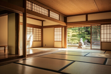 A Serene Japanese Style Hallway Interior with Minimalistic Design, Traditional Elements, and Tranquil Atmosphere, showcasing the Cultural Heritage and Harmony of Traditional Architecture