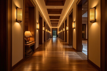 A harmonious blend of warm earthy tones, elegant wooden accents, and soft ambient lighting creates a serene and sophisticated minimalist hallway interior with a stylish contemporary aesthetic.