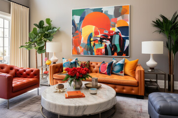 A Stylish and Cozy Living Room Interior with Vibrant Eclectic Furniture, Unique Artwork, Colorful Accents, and Personalized Space, Creating a Comfortable and Inviting Atmosphere.