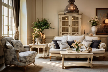 Step back in time to an elegant and cozy living room with vintage charm, classic décor, and timeless accents, featuring retro furniture, nostalgic patterns, vintage accessories