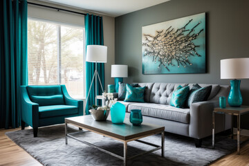 Creating a tranquil and chic ambiance, this contemporary living room interior in turquoise and gray colors exudes sophistication and comfort with its minimalist yet stylish furniture, inviting decor