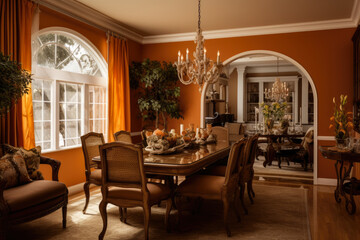 Fototapeta na wymiar An Elegant Dining Room with Warm Orange and Brown Colors, Stylish Furniture, and Cozy Decorative Accents, Creating a Comfortable and Inviting Ambience.