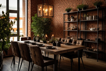 Fototapeta na wymiar An inviting, elegant and spacious dining room with an industrial chic style, featuring exposed brick walls, striking metal fixtures, and comfortable vintage furniture, creating a unique
