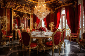 Fototapeta na wymiar Immerse in the Regal Opulence of a Luxurious Dining Room, where Rich Red and Opulent Gold Colors Create an Elegant and Majestic Atmosphere, Enhanced by Exquisite Lighting and an Ornate Chandelier