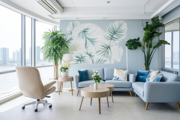 Capturing the Tranquil Beauty of a Coastal Style Office Interior, Infused with Serene Vibes, Creative Elements, and Calming Coastal Accessories.