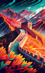 Modern and innovative illustration of The Great Wall of China, digital art, vibrant, stylish