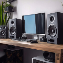 A pair of studio monitors on a desk with acoustic 
