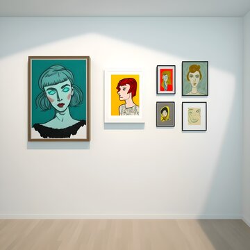 Art gallery wall front facing full of naive minimalistic art brute outsider art women portraits and figurative paintings simple 