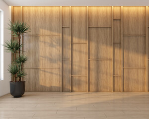 Modern Japan style empty room with wood pattern wall and wooden floor. Morning light and green indoor plants. 3D rendering