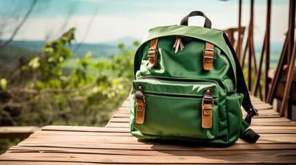 School Bag in wooden table road background