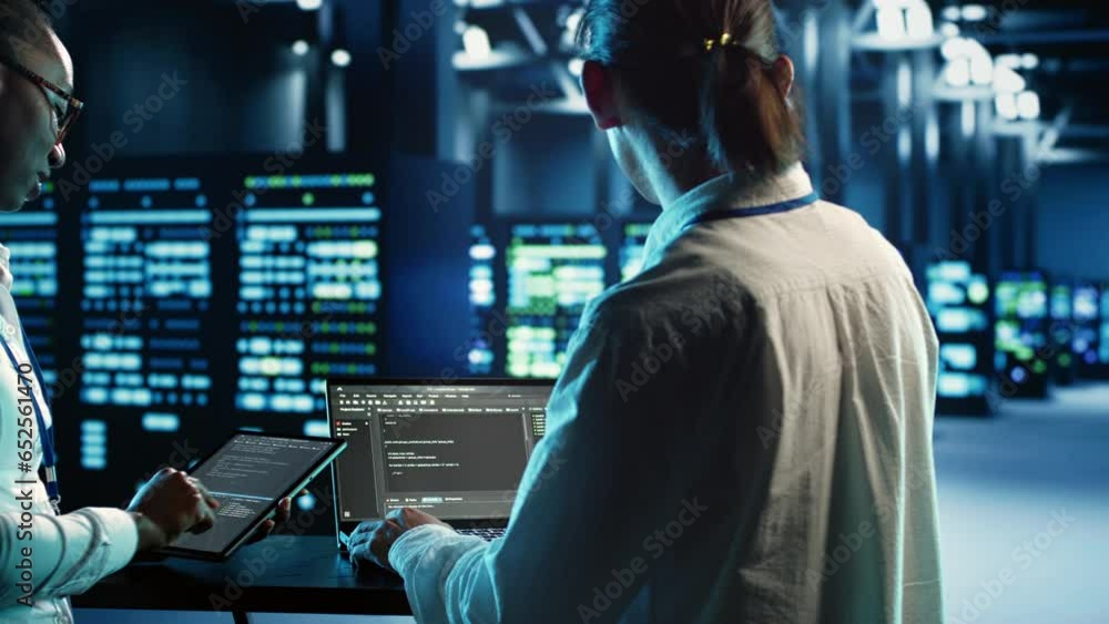 Poster engineering coworkers programming scripts on tablet and laptop, updating data center equipment desig