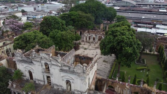 Aerial retreats from historical old building facade in Santa Ana, SLV