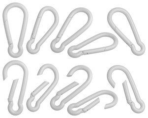 White carabiner set in different positions. 3D rendered temnplate.