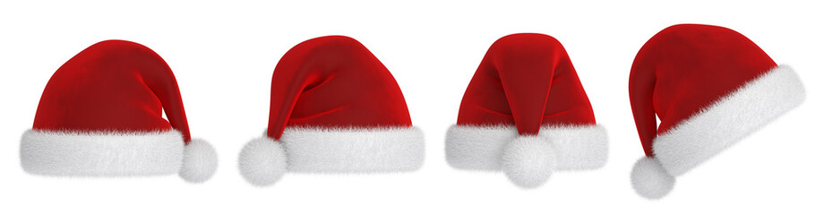 Velvet red santa hat with white fur and tassel. Isolated elements set for christmas design. 3D rendering.