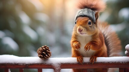 Naklejka premium Cute red squirrel sitting on a snowy tree trunk in a winter forest