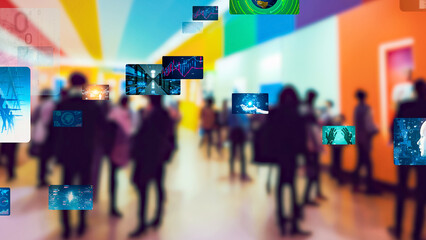 People viewing the exhibition and digital content. Virtual museum.