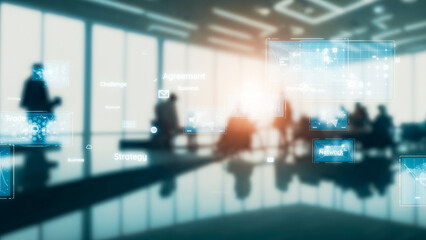 Group of people meeting in office and communication network concept. Smart office. Cloud computing.