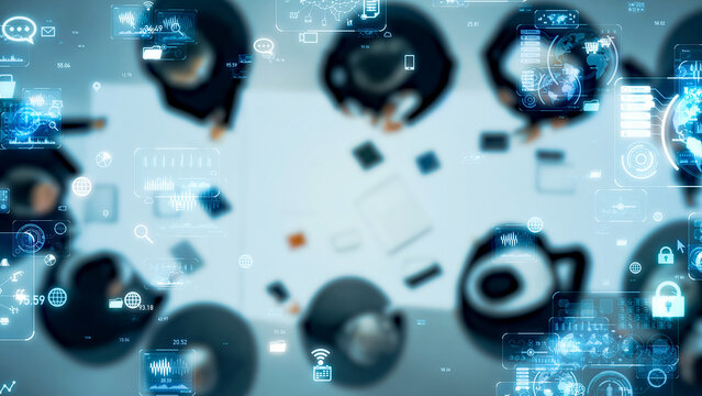 Group of people meeting in office and communication network concept. Smart office. Cloud computing.