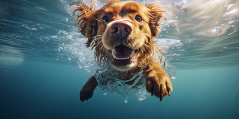 photo illustration of a dog swimming - obrazy, fototapety, plakaty