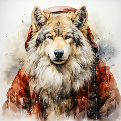A portrait with vivid paint splashes, featuring a wolf adorned in a cloak