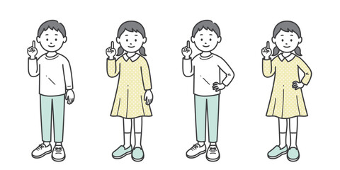指差しをする少年少女 片手