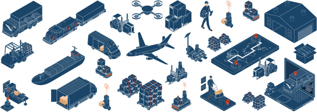 Third party logistics concept with Autonomous robots, Robot arm, Cardboard Box, Transport, Truck, Export, Import, Industry 4.0, Warehouse and Factory automation. 