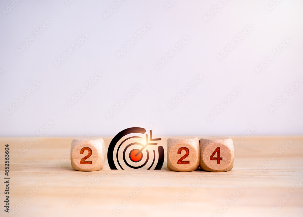 Poster happy 2024 calendar year with goal and success concepts. big target dart icon and 2024 year number o