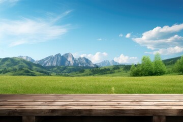 Wooden table green nature background, wooden floor for products