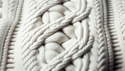 This macro photograph offers a close look at the cable knit pattern of a wool sweater with white background modern and minimalist texture of traditional, Ai generated image