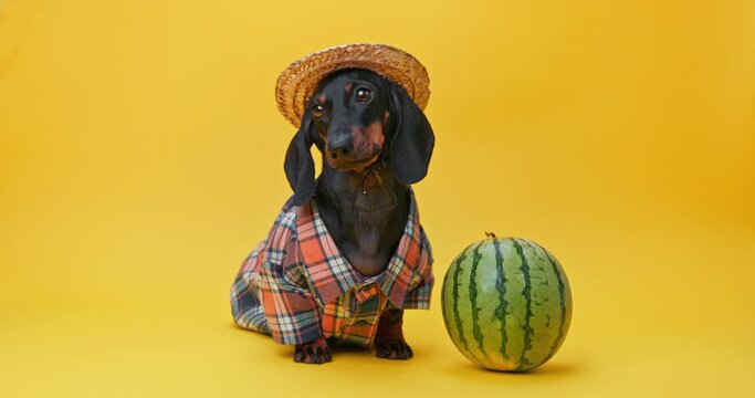 Dachshund posing as farmer standing near ripe watermelon at yellow studio wall. Pet dog posing as rural farmer for animal magazine