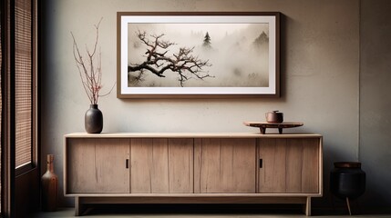 Stylish interior of living room with mock up poster frame, wooden commode, book, leaf in ceramic vase and elegant personal accessories. Minimalist concept of home decor. Template.	
