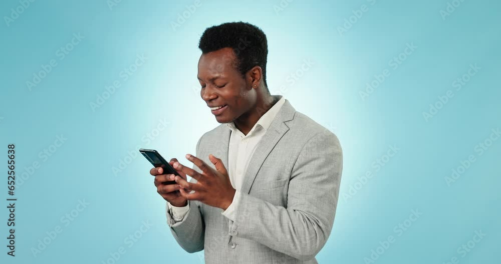 Poster Angry, black man and phone with spam, phishing and digital fail and professional frustrated in studio. Mobile scam, employee with error on app with glitch and internet problem with blue background