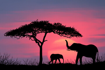 Elephants standing under tree at sunrise on the Massai Mara