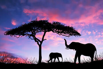 Fototapeta na wymiar Elephants standing under tree at sunrise on the Massai Mara