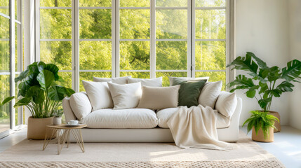 Sala de estar aconchegante e minimalista, inspirada na natureza e no bem estar. - obrazy, fototapety, plakaty