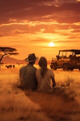 couple sitting on the floor Grass and a jeep in the grass field with wild animals in the...