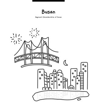 This illustration is 'Gwangan Bridge Fireworks Festival' and 'Night View of Haeundae The Bay 101', which are famous places in Busan, Korea.