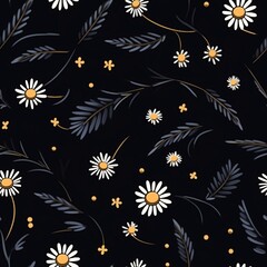 Seamless vector floral colorful pattern. Ornate flower spring and summer botanical art in a modern flat style. Meadow plants, leaves, leaf and small daisy flowers. Romantic garden color illustration. 