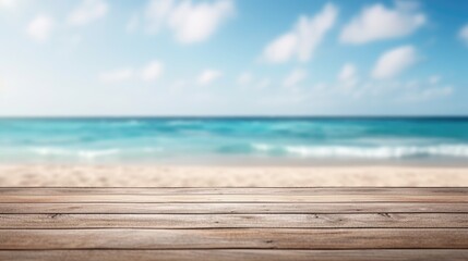 Fototapeta na wymiar wooden table set against a backdrop of the sea, an island, and a vibrant blue sky.